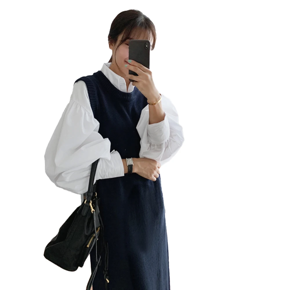 

Autumn New 2021 Temperament Korean Fashion Elegant Knitted Vest Dress Solid Color Simplicity Loose Casual Women's Clothing