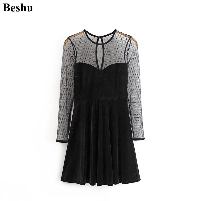 Za 2019 модное мини платье черное Сетчатое бархатное с круглым вырезом и