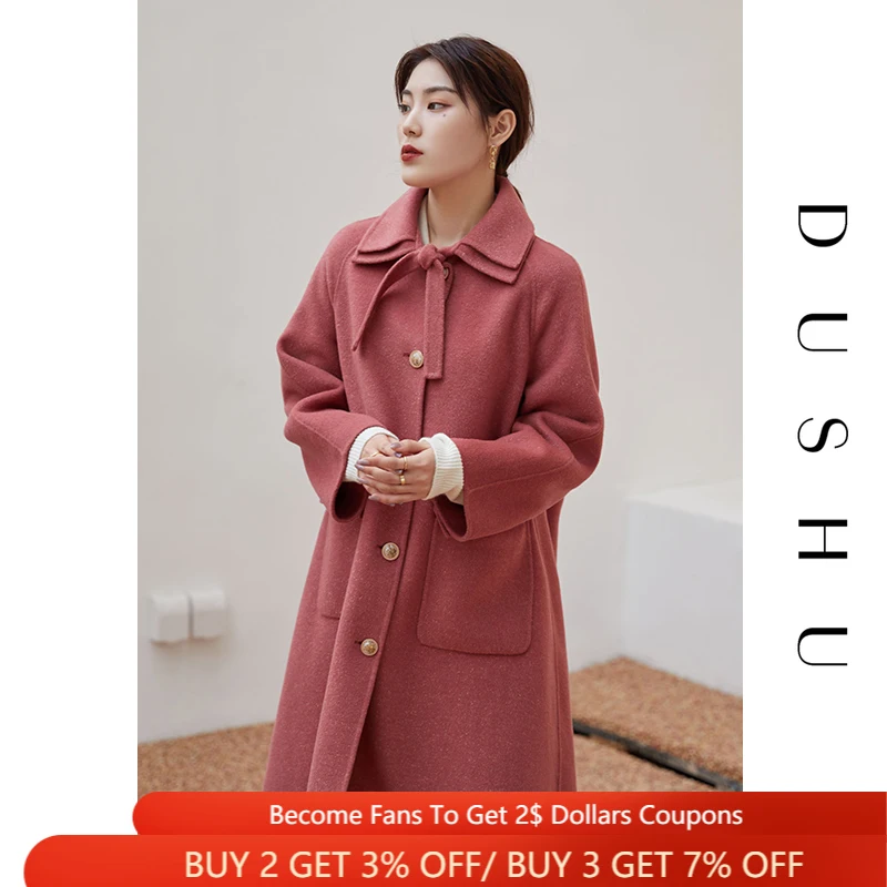 

DUSHU Plus Size Pink Elegant Wool Blend Coat Women Bow Bandage Long Oversized Jacket Autumn Winter Woolen Vintage Female Coat