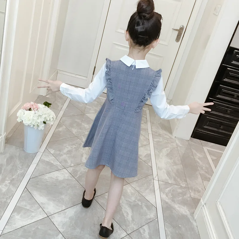 Kids Dress For Girls Plaid Patchwork Fake 2 Pcs Clothes Spring Autumn Long Sleeve Party | Детская одежда и обувь