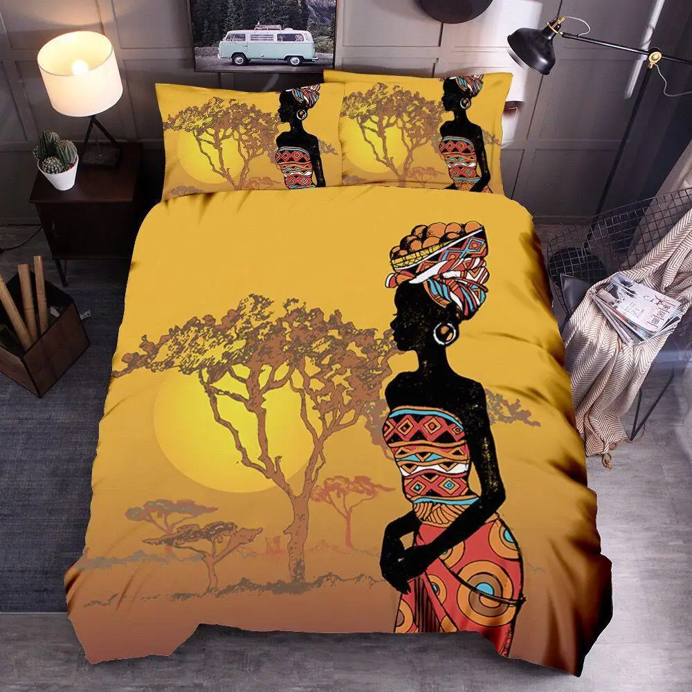 Juego de cama para mujer africana, funda de edredón étnico Afro con estampado de árbol al atardecer, cubierta de cama Vintage Natural de 2/3 piezas, individual, doble y completo