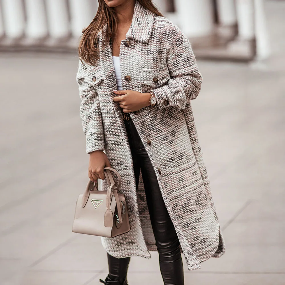 

2021 Autumn Winter New Fashion Design Casual Lapel Womens Overcoat Single Breasted Long Sleeve Printing Women Woolen Coat