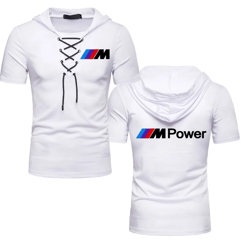 

Camisa masculina de algodão com capuz, estampa de logotipo do carro esportivo bmw m, camiseta masculina casual de manga curta