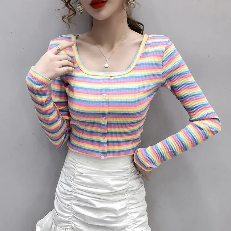 

French square neckline stripe long sleeve T-shirt for women 2021 spring new slim and versatile