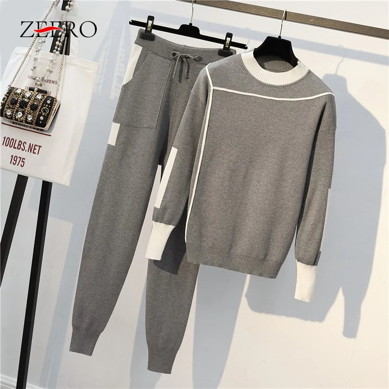 

Autumn Striped Patchwork 2 Pieces Set Knitted Long Sleeve Pullovers Sweater Casual Patchwork Knit Jumper Tops +Pants Suits 4XL