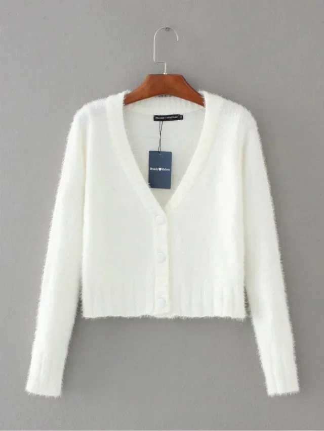 Mohair Knitted Single Breasted Solid Cropped Cardigan Women Autumn 2020 Long Sleeve V Neck Sweater Female Streetwear Jumper Tops |