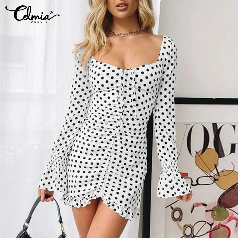 

2021 Celmia Autumn Dress Women Sexy V-neck Polka Dot Short Mini Dress Long Sleeve Backless Party Fashion Folds Vestidos Robe
