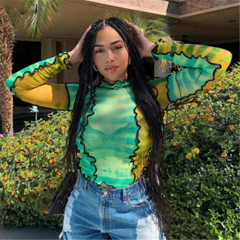 

Trendy Patchwork Striped Tee Sexy Women Summer T-shirt Tops Ladies Long Sleeve Ruffled Crop Tops Female Evening Party Club Wear