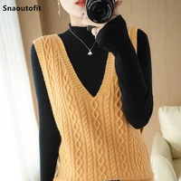 retro twisted flower pure wool vest knitted vest womens autumn winter new sweater front and rear big v neck all match waistcoat