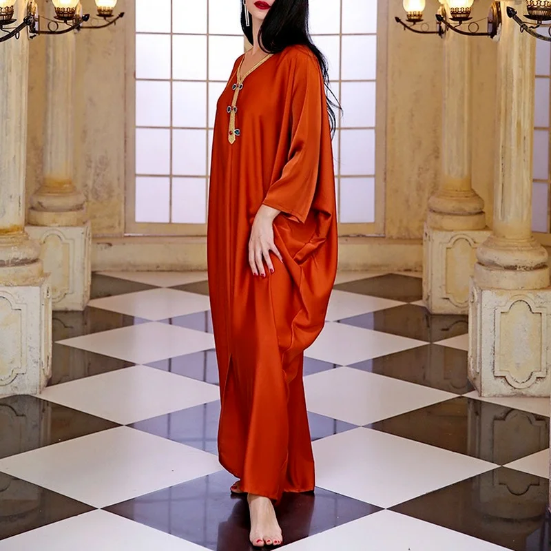 Beading Kaften Dress Muslim Women 2021 Summer Autumn New Fashion Orange Loose Casual Bat Sleeve Female Expansion Long Dresses