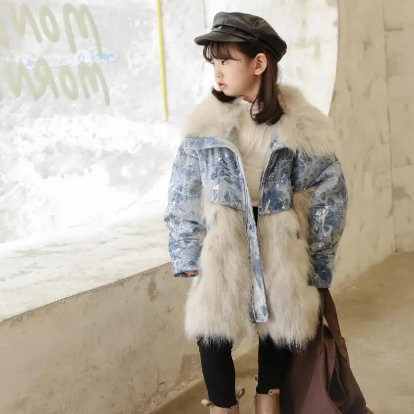 

Куртка на гусином пуху, детское джинсовое меховое пальто с прострочкой, пальто на натуральном меху, утепленные теплые куртки для девочек, де...