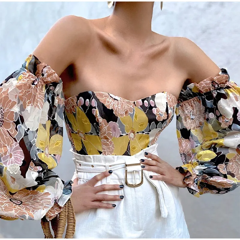 

Ladies Off-The-Shoulder Blouse Ruffled Long Lantern Sleeves Floral Print Corset T-Shirt Sexy Autumn 2021 New Casual Beach Style