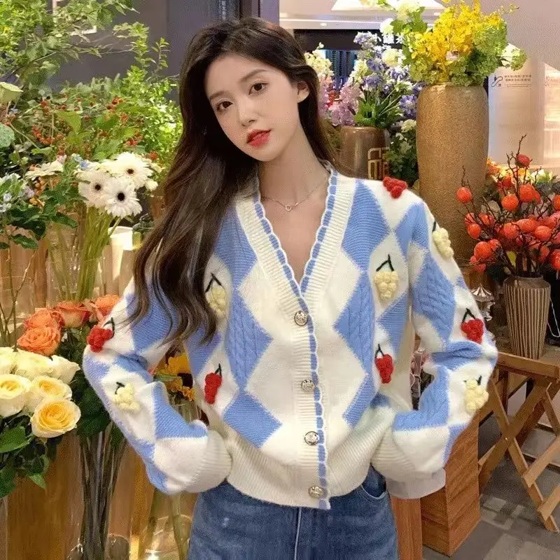 

Осень 2021, новый вязаный кардиган с бриллиантами, куртка, тяжелая промышленность, вишневый V-образный вырез, свободный облегающий свитер с дл...