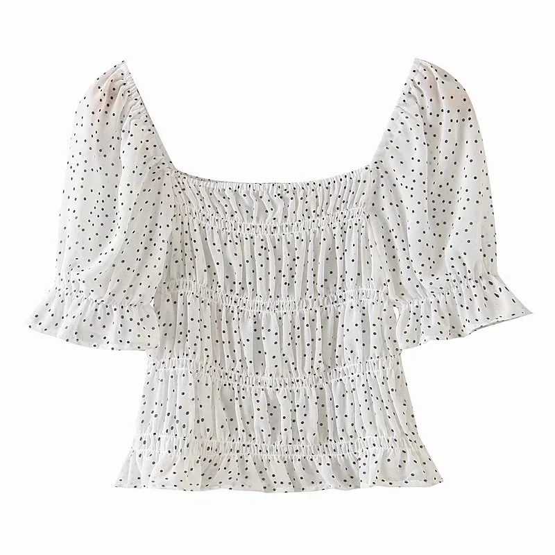 

Vintage Puff Sleeve Women Blouse Square Neck Korean Style Tops Sexy White Slim Blouse Women Summer Chiffon Polka Dots Shirt
