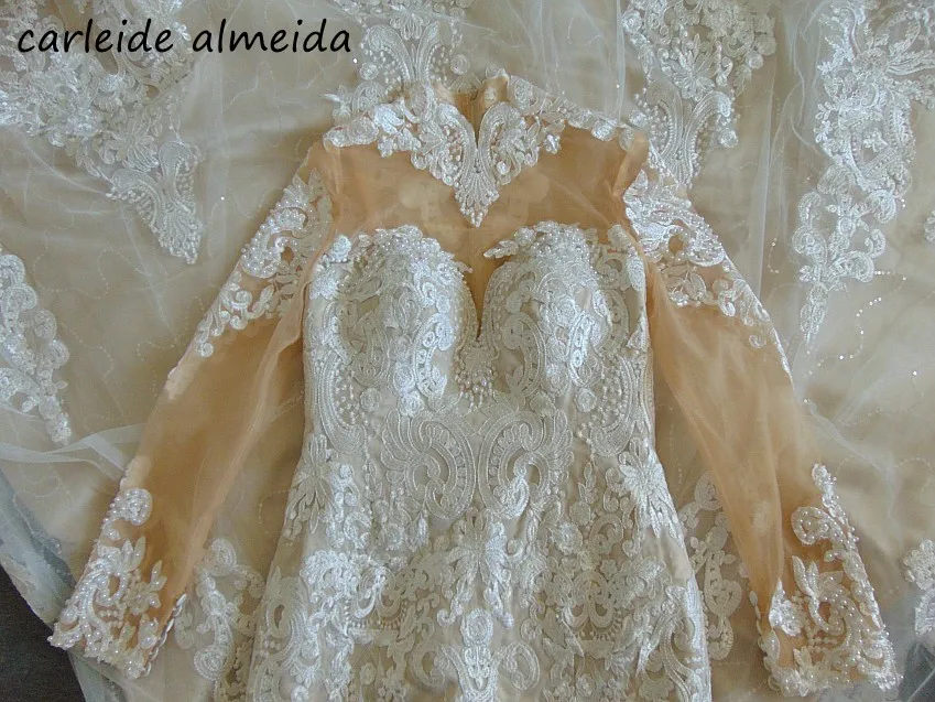 Vestido de noiva, свадебное платье с длинным рукавом, Русалка,, высокая горловина, Кружевная аппликация, Trouwjurk