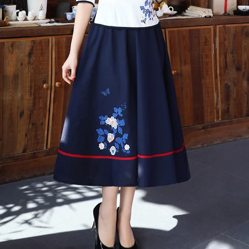 Модные свободные повседневные короткие юбки с карманами вышивка хлопок лен юбка