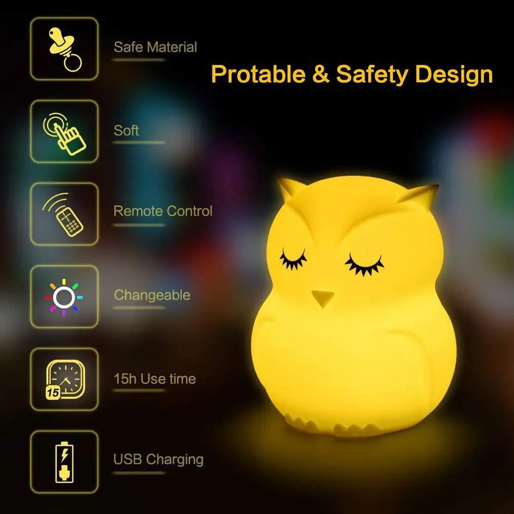 

Owl LED Night Light Sensor Remote Control 9 Colors Dimmable For Children Bedside Silicone Rechargeable Baby Lamp USB Timer X8O5