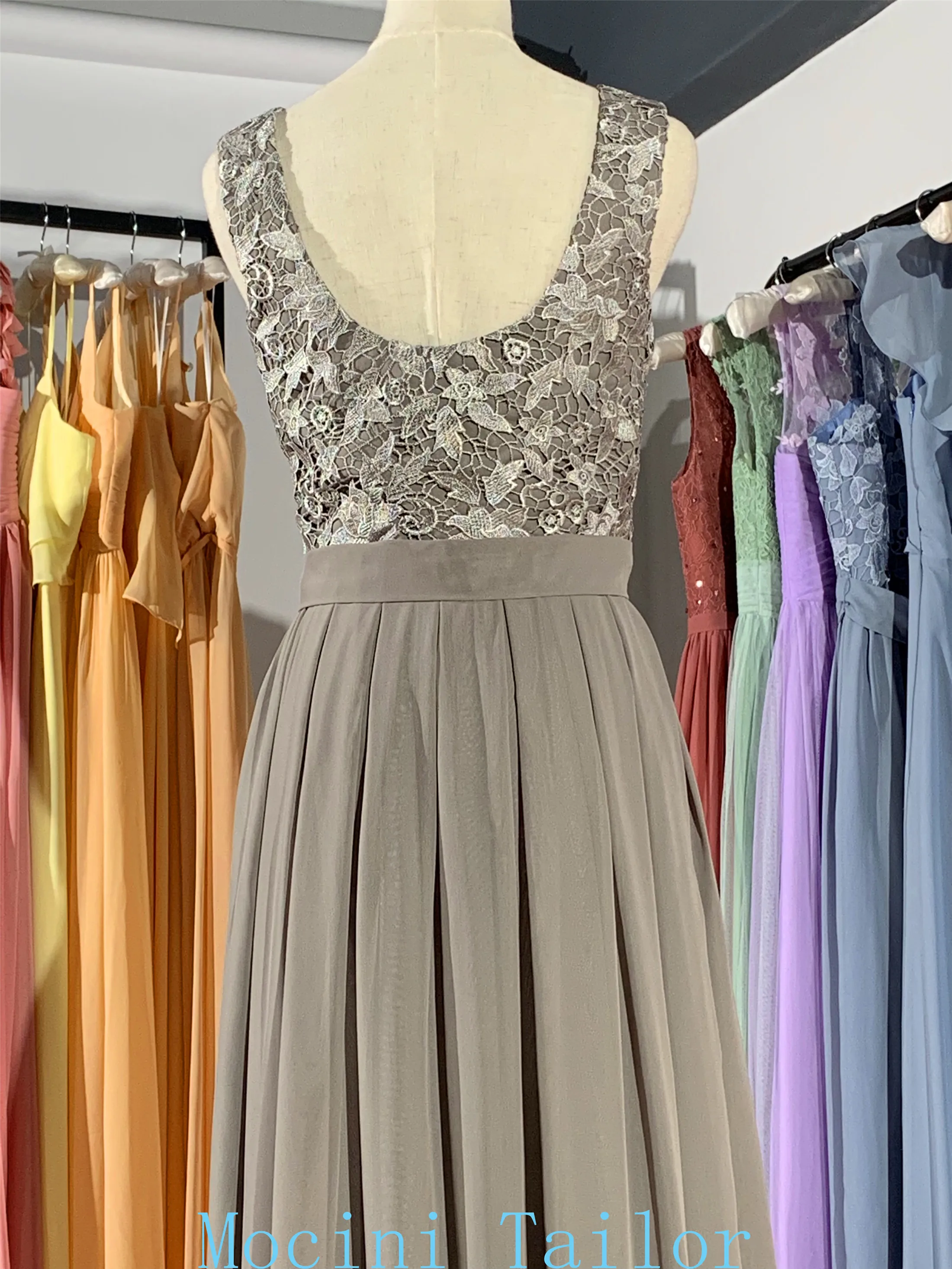 

Steel Grey chiffon lace long bridesmaid dress 2021 different nice small cow Pleats luckgirls Customizable fashion mocini tailor