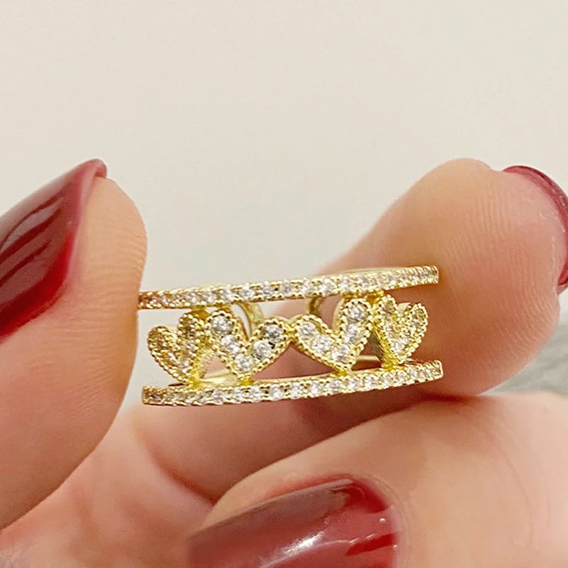 

Korean Trendy 14k Real Gold Jewelry Heart Double Layer Rings for Women Adjustable Open Design Micro Inlay AAA Shiny Zircon Party