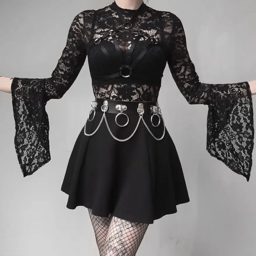 

Big Circle Shape Black Gothic Metallic Metal Waist Belts Women Sexy Harness Body Chain