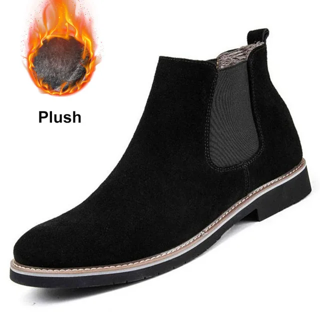 black fur Мужские ботинки челси; большие размеры 38-45; ботильоны; Модный фирменный дизайн; кожаные качественные слипоны; мотоциклетные ботинки; мужские теплые плюшевые ботинки - Цвет: black fur