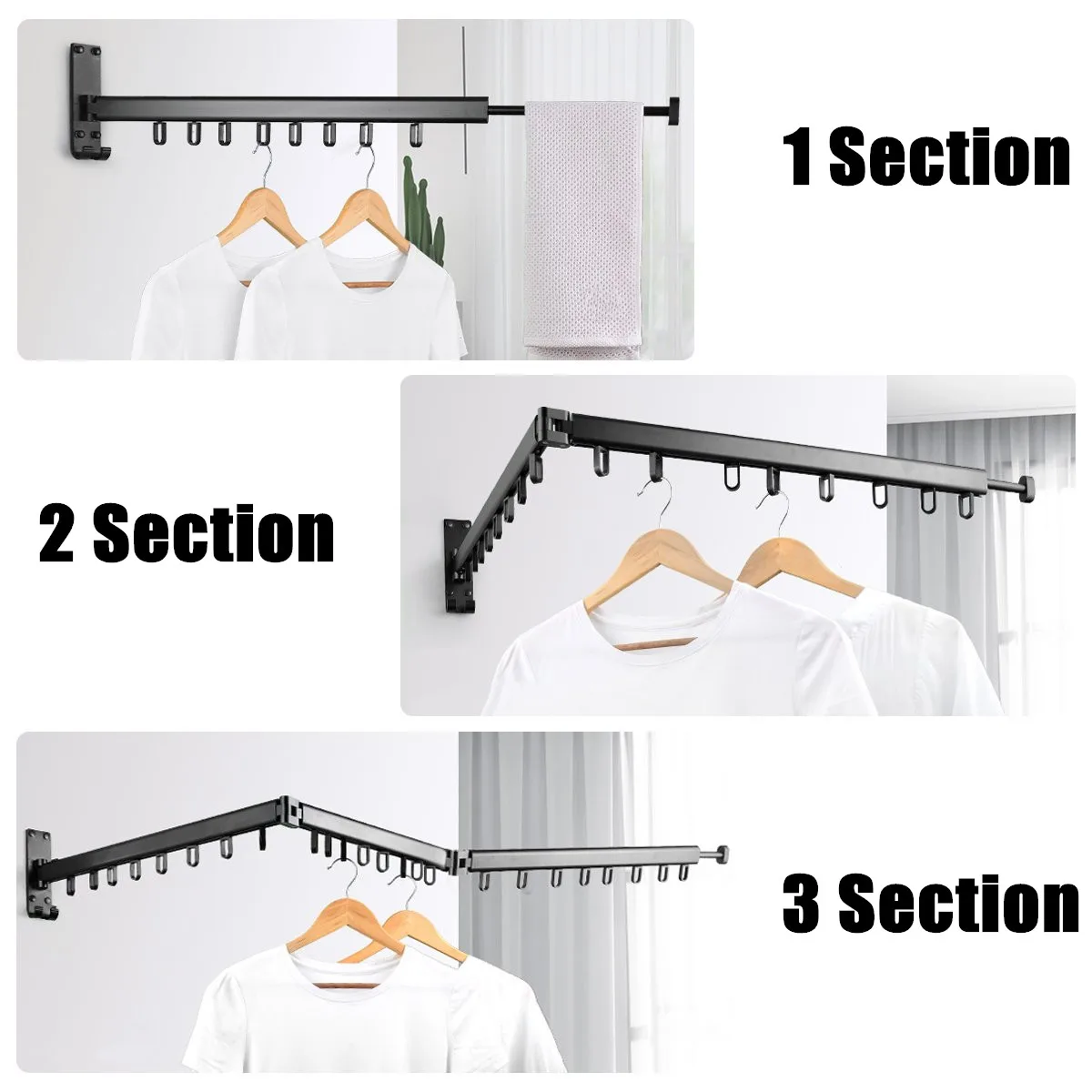 

Wall Mounted Folding Clothes Hanger 3 Section Telescopic Drying Clothing Rack Bar Space Saving Laundry Organizer