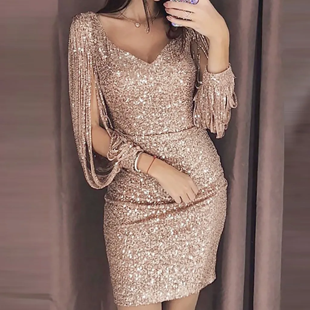 Fashion Women Sexy Solid Sequined Stitching Shining Club Bodycon Party Dress Elegant Long Sleeve Mini Plus Size Vestidos | Женская