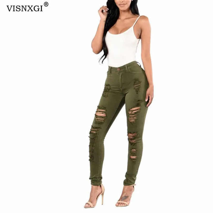 

VISNXGI Women Jeans Strechy Skinny Ripped Pencil Pants Push Up Denim Elastic Trousers Laides Spring Autumn Hole Hollow Jeggings