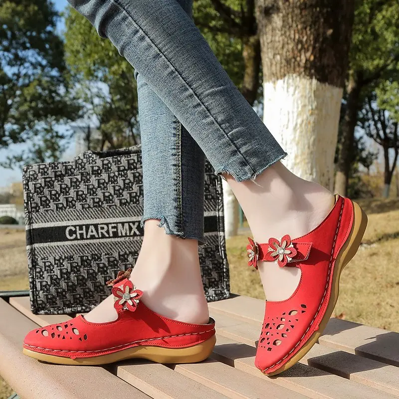 

2021 Women's Sandals Summer Handmade Ladies Shoes Leather Floral Sandal Women Flats Retro Style Shoe Woman Soft Bottom Slipper
