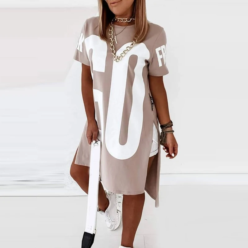 

Women Letters Print Split T-shirt Dress Loose Round Neck Short Sleeve A-Line Party Dress Ladies Casual Patchwork Knee Dresses