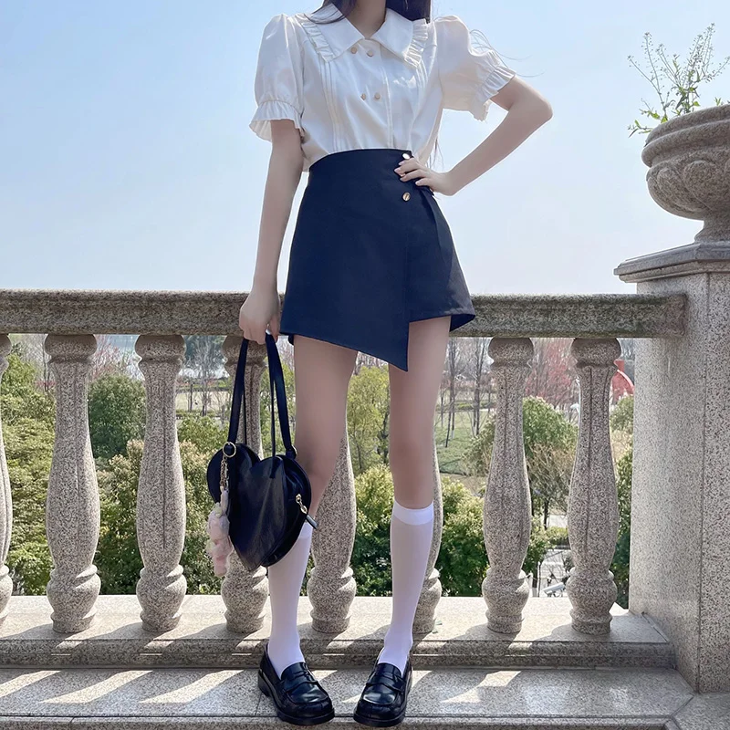 

2021 One Set High Waist Breasted Irregular Summer Women A-Line Korean Club Wide Leg Skirt Slim Fitted Elegant Casual Party Short