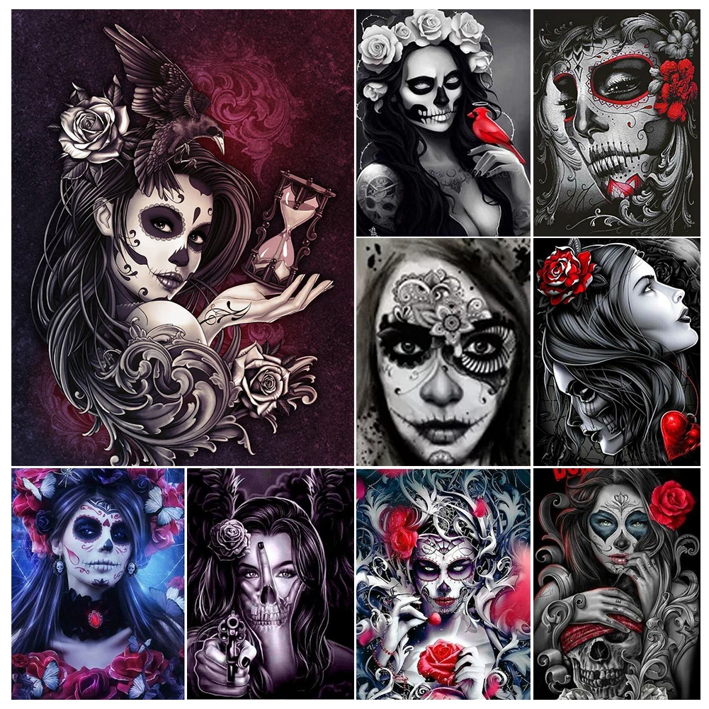 5D DIY Diamond Painting Skull Girl Cross Stitch Full Square Drill Embroidery Halloween Gift Mosaic Rhinestone Art Picture Decor