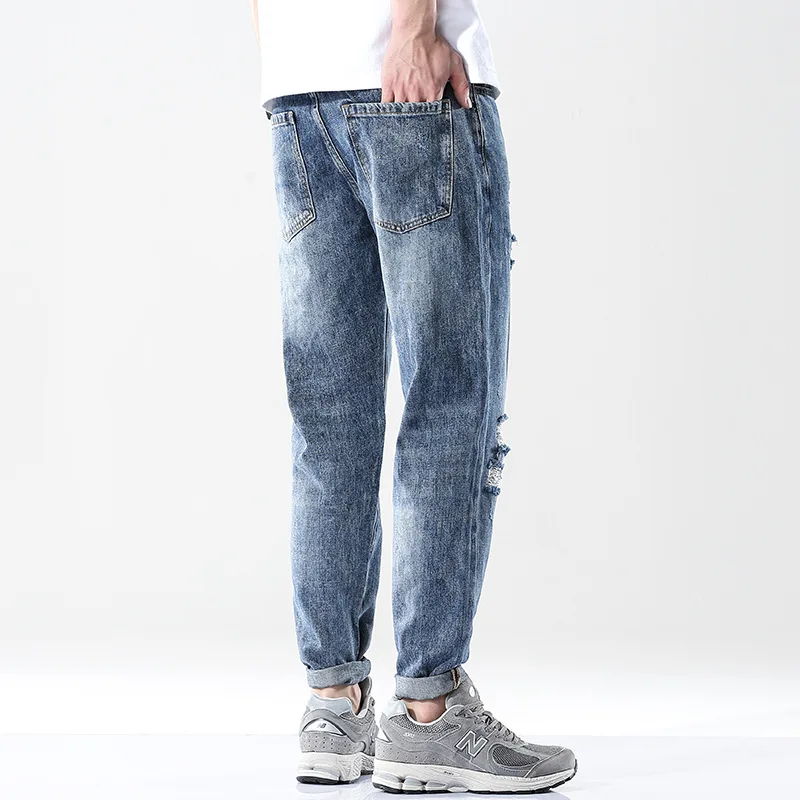 New Men's Ripped Retro Blue Jeans Casual Slim Straight-leg Printed Men's Jeans Plus Size Personalized Beggar Jeans 36 38