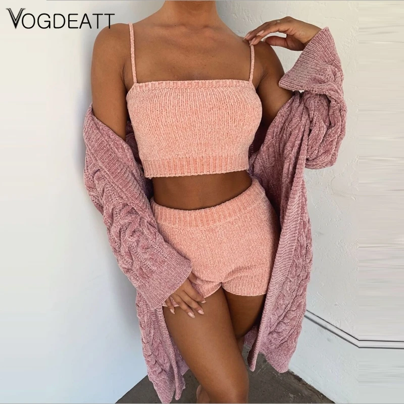 

Sexy Knitted Two Pieces Set Sleeveless Solid Top And Short Women Set Female Sweater 2 Piece Set Women Fashion Outfit New 2020