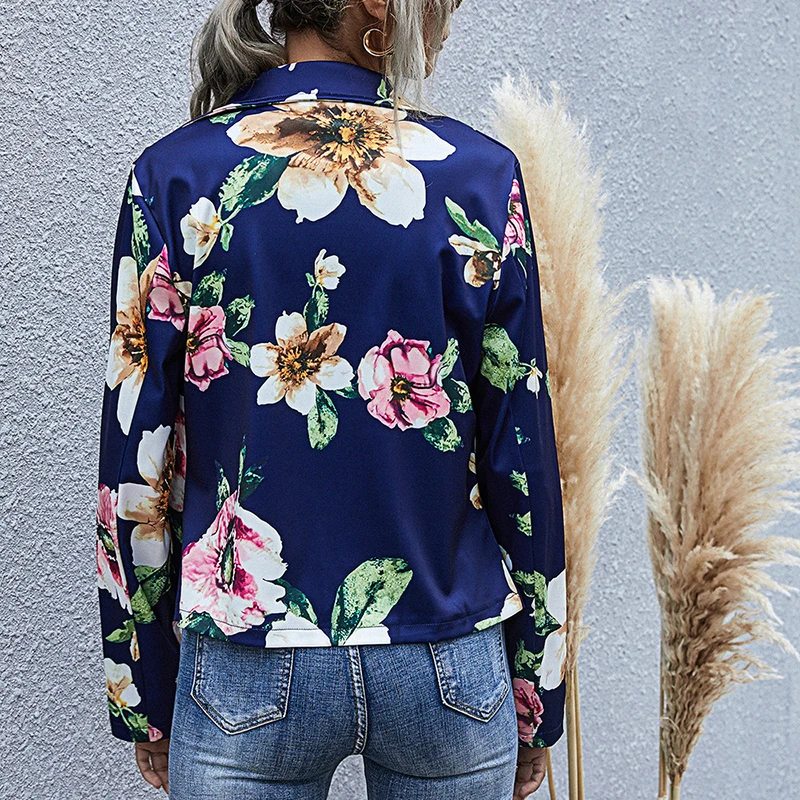 

New Hit Floral Autumn Winter 2021 Women Coat Zipper Overcoat Stylish Print Jacket Blue Outerwear Casual Lady Streetwear Oversize