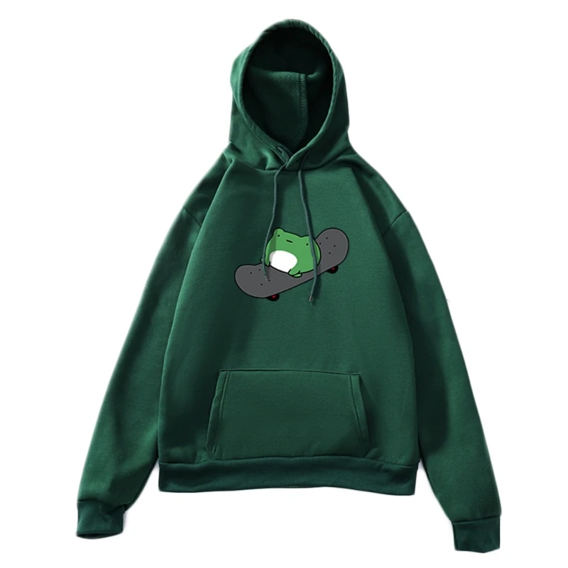 Women Girls Long Sleeve Drawstring Hoodies Cartoon Skateboarding Frog Print Sweatshirt Oversized Harajuku Pullover Tops