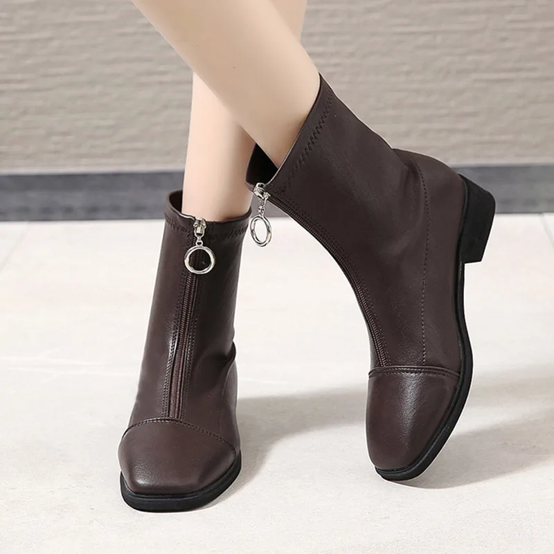 

Женские ботильоны на молнии с квадратным носком, ботильоны на плоской подошве для верховой езды, модные ботинки в стиле ретро, Осень-зима 2020