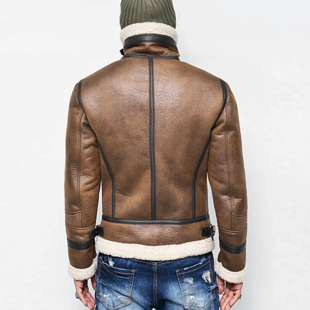 Куртка из натуральной кожи мужская осень-зима с высоким воротником, теплым меховым подкладом, лацканами, молнией для мотоцикла и ветрозащитной верхней одеждой, повседневное мужское пальто #40.