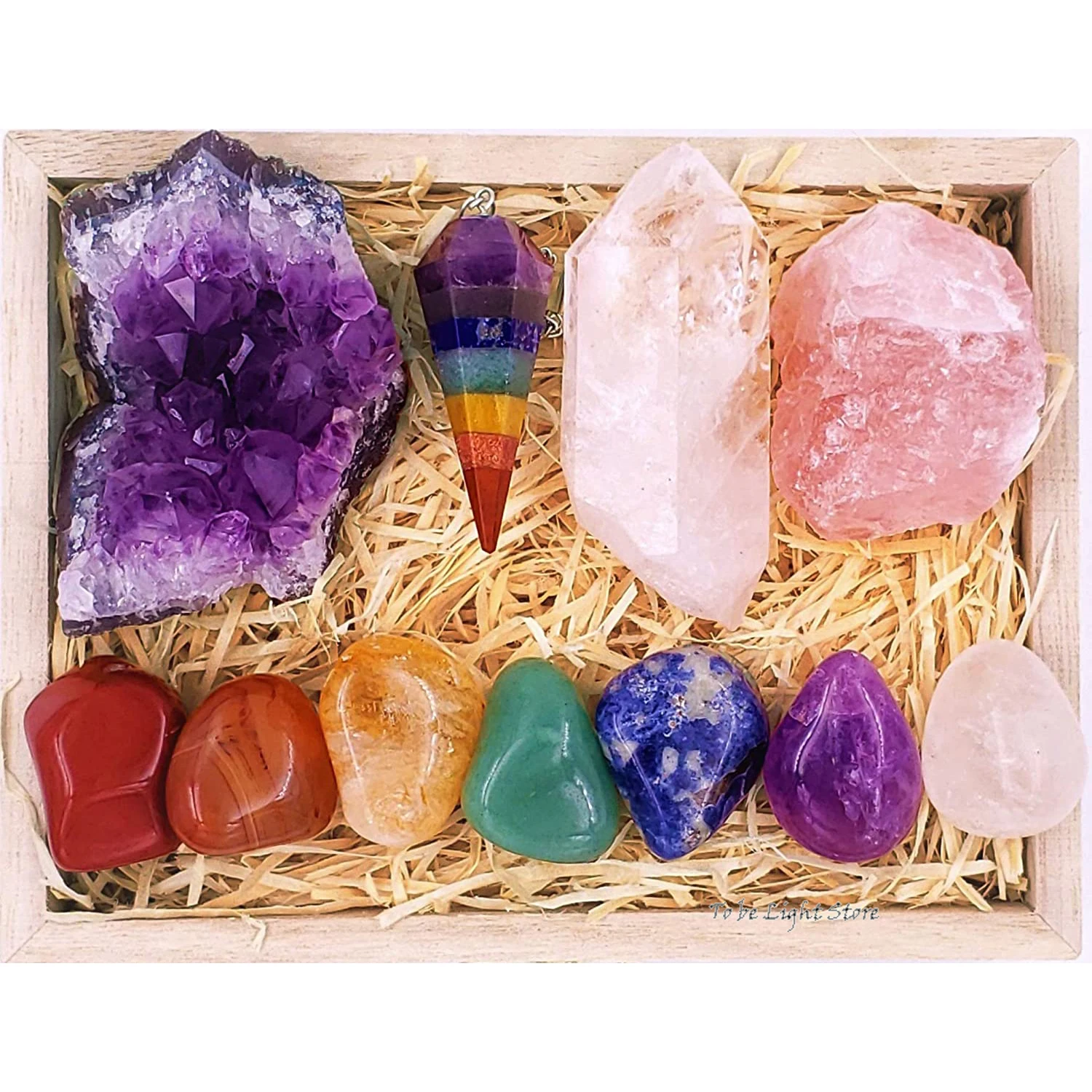 

Crystal Stone,Chakra Set Tumbled Stones,Rose Quartz,Amethyst Cluster,Crystal Points,Chakra Pendulum,Premium Healing Crystals Kit