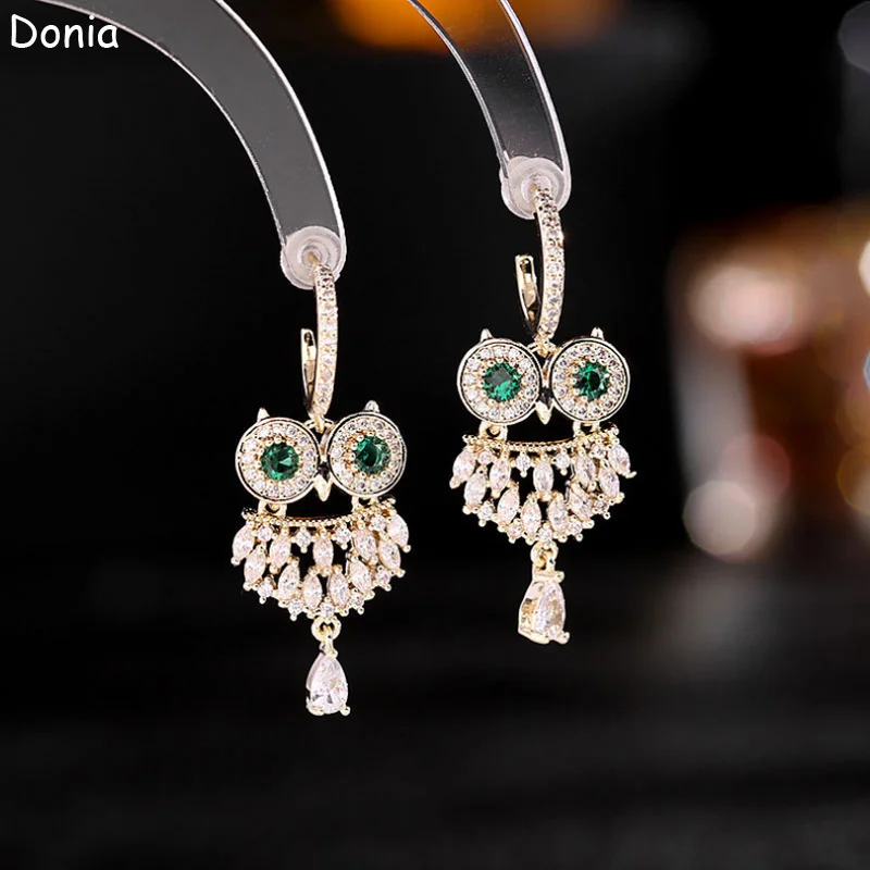 

Donia Jewelry European and American fashion owl earrings wild cute micro-inlaid AAA zircon water drop owl earrings