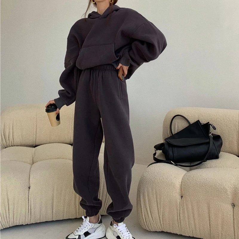 Sister Fara New Spring Autumn Casual Set Woman 2 Pieces Short Hooded Sweater+Elastic Waist Wide Leg Pants Female Two-piece Suit |