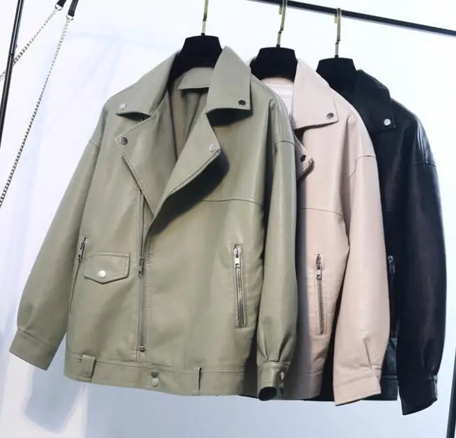 Women Leather Jacket Female Soft Faux Leather Coat Loose Rivet Zipper Overcoat