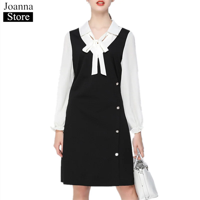 

Весна сплайсинга поддельные две части длинное платье для женщин с лацканами лук труба рукав Винтаж элегантные вечерние платья Черный Плюс ...