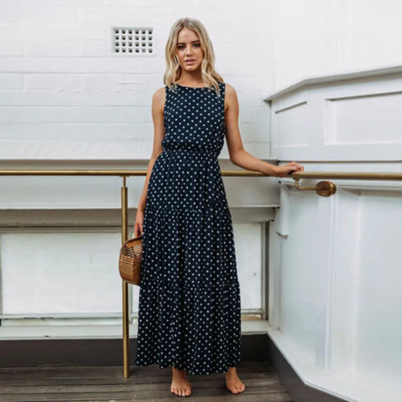 

2019 Bobo Women Dark Blue Boho Loose Sleeveless Holiday Dot Print Long Maxi Dress Evening Party Beach Dresses Summer Sundress