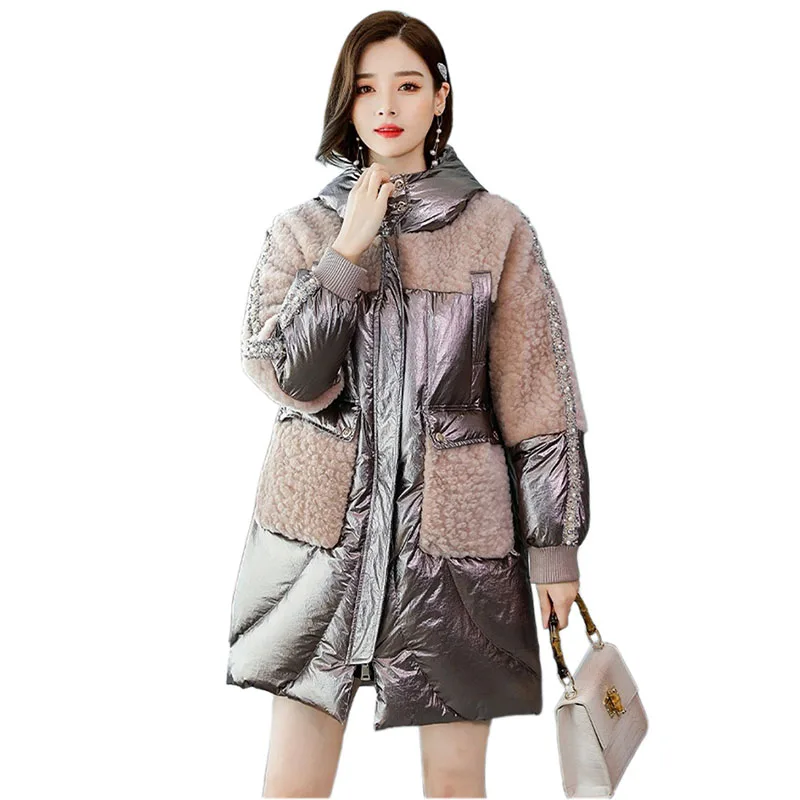 

High-quality Winter Parka lamb wool Splicing Cotton Coat Women Thick Warm Beading Padded Jacket Glossy Hooded Outerwear KW116