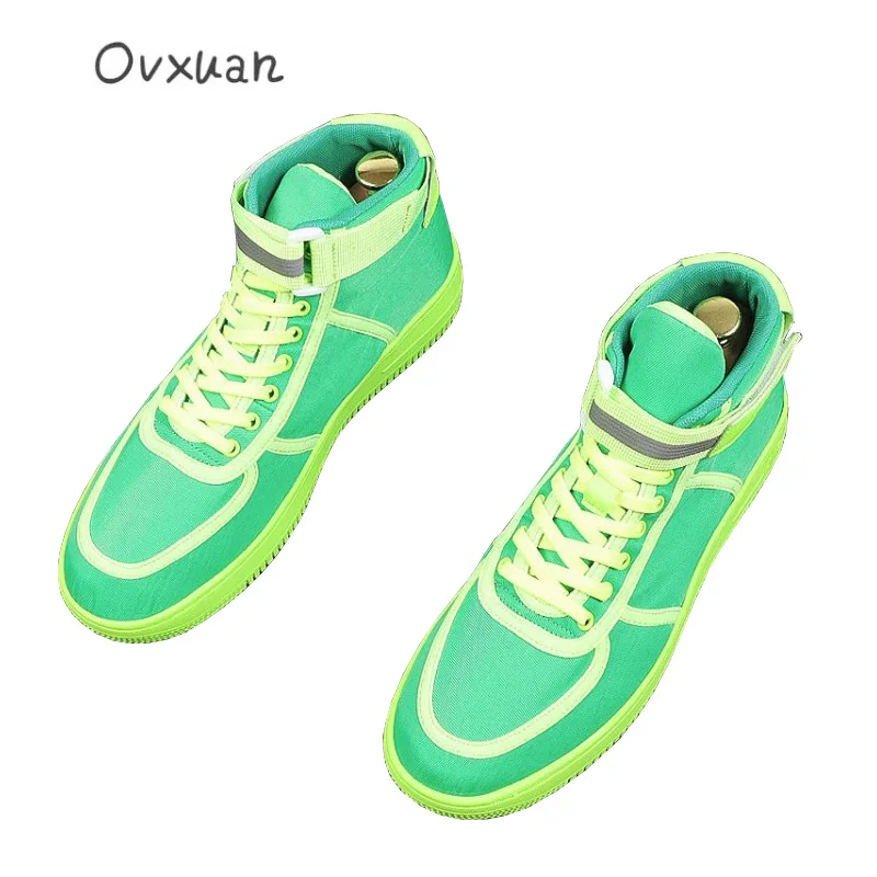

OVXUAN Green Canvas Botas Round Toe High Top Stripe American Street Style Concise Ankle Boots Men Flats Zapatillas Hombre Casual