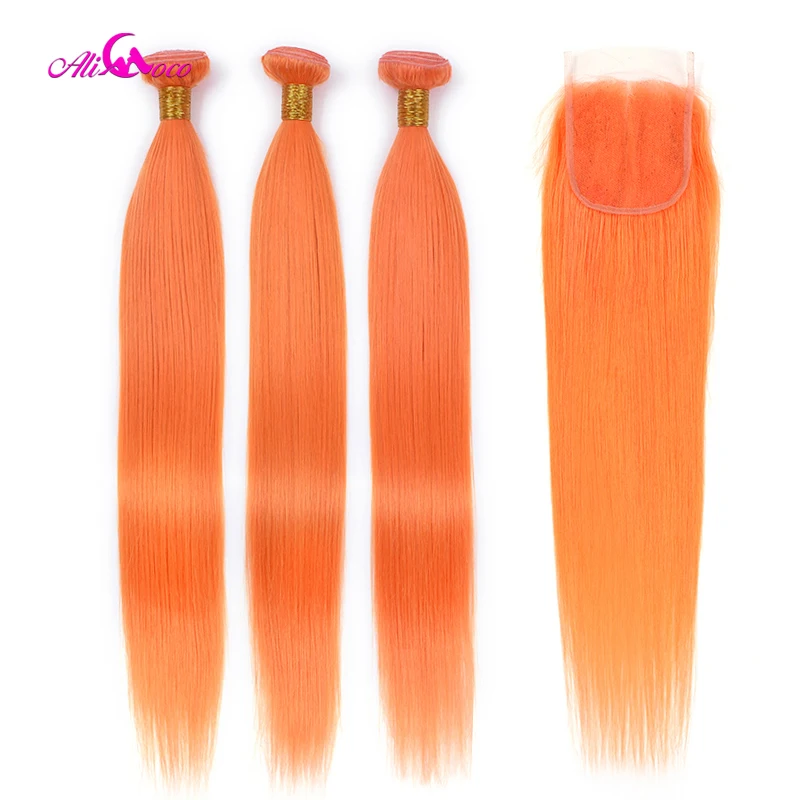Али Коко оранжевый бразильские прямые волосы пучки с закрытием Омбре
