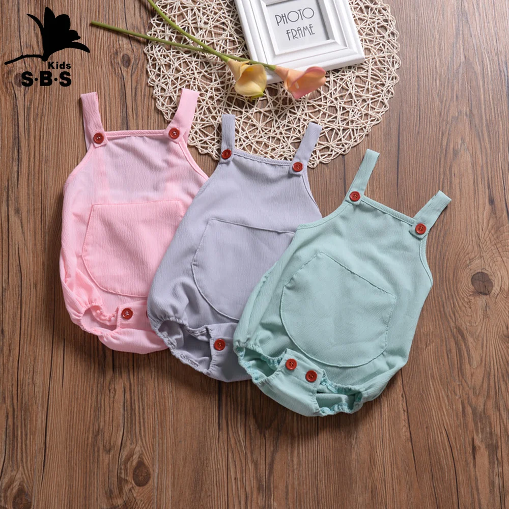 Летний однотонный хлопковый комбинезон на бретельках для новорожденных 1-2 лет |