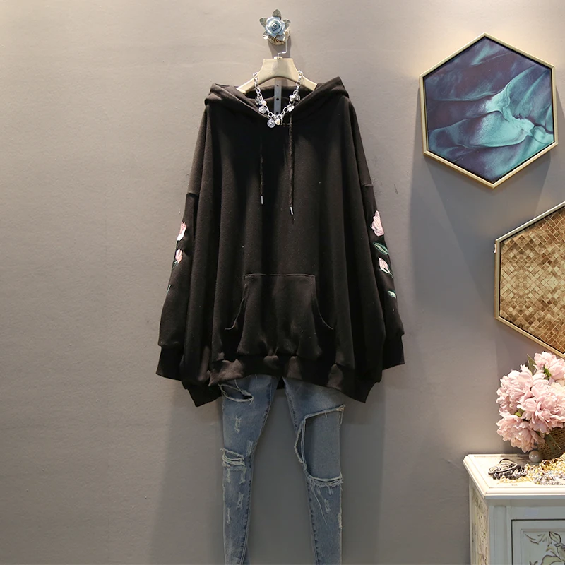 [EWQ] Autumn New Pattern Hooded Collar Long Sleeve Embroidery Print Loose Large Size Streetwear Sweatshirt Women AH62901