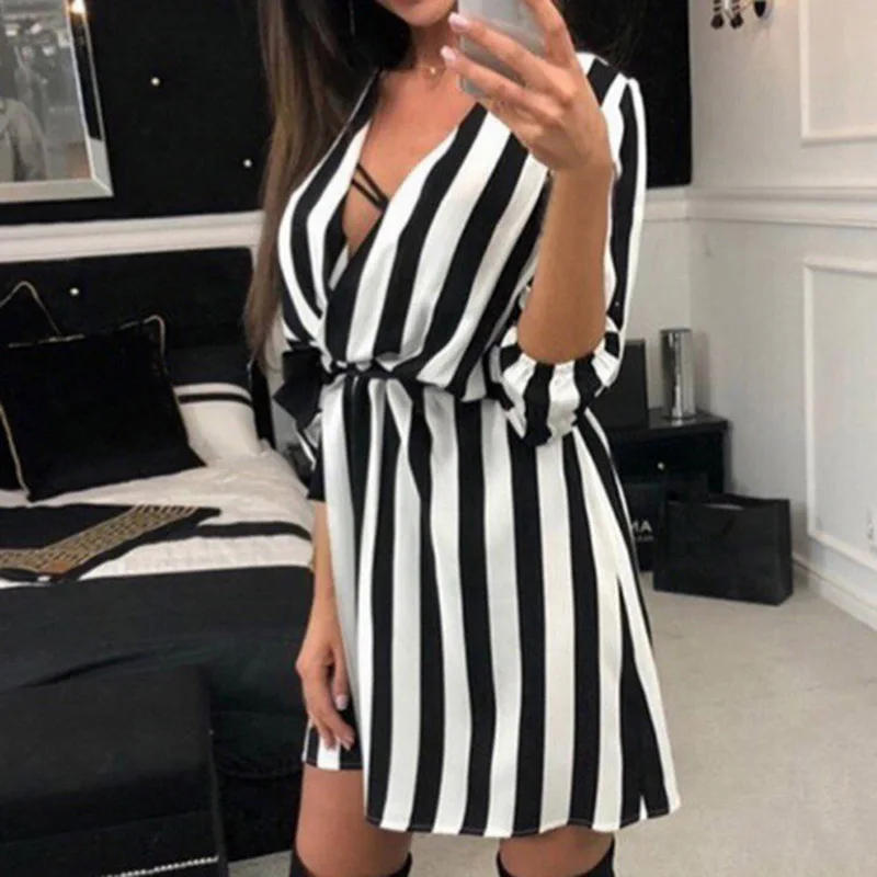 LASPERAL повседневное свободное женское платье Vestidos с длинным рукавом сексуальное Полосатое мини-платье с v-образным вырезом модное пляжное платье размера плюс